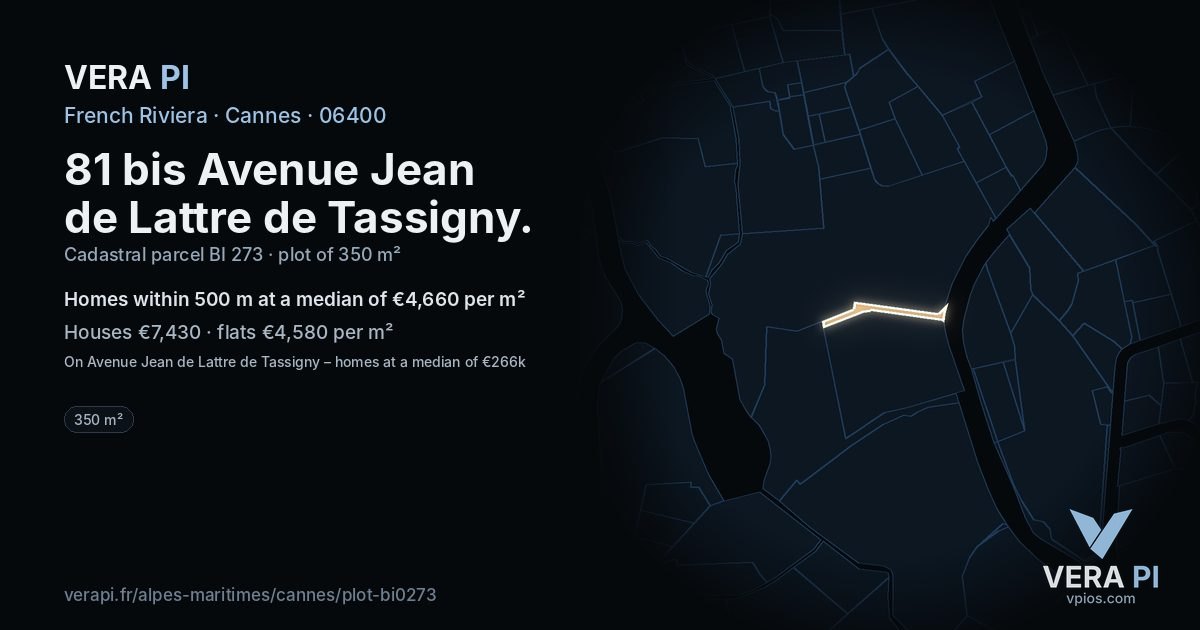 81 bis Avenue Jean de Lattre de Tassigny, Cannes at night – the plot lit, the parcels around coloured by the prices near them