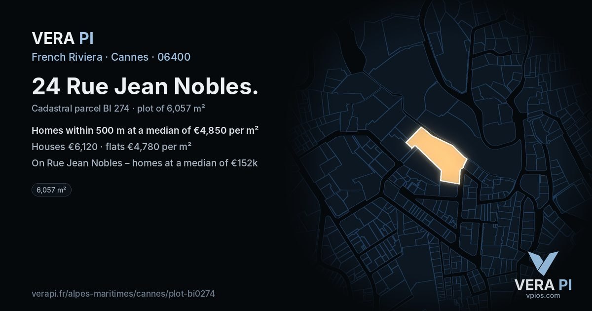 24 Rue Jean Nobles, Cannes at night – the plot lit, the parcels around coloured by the prices near them