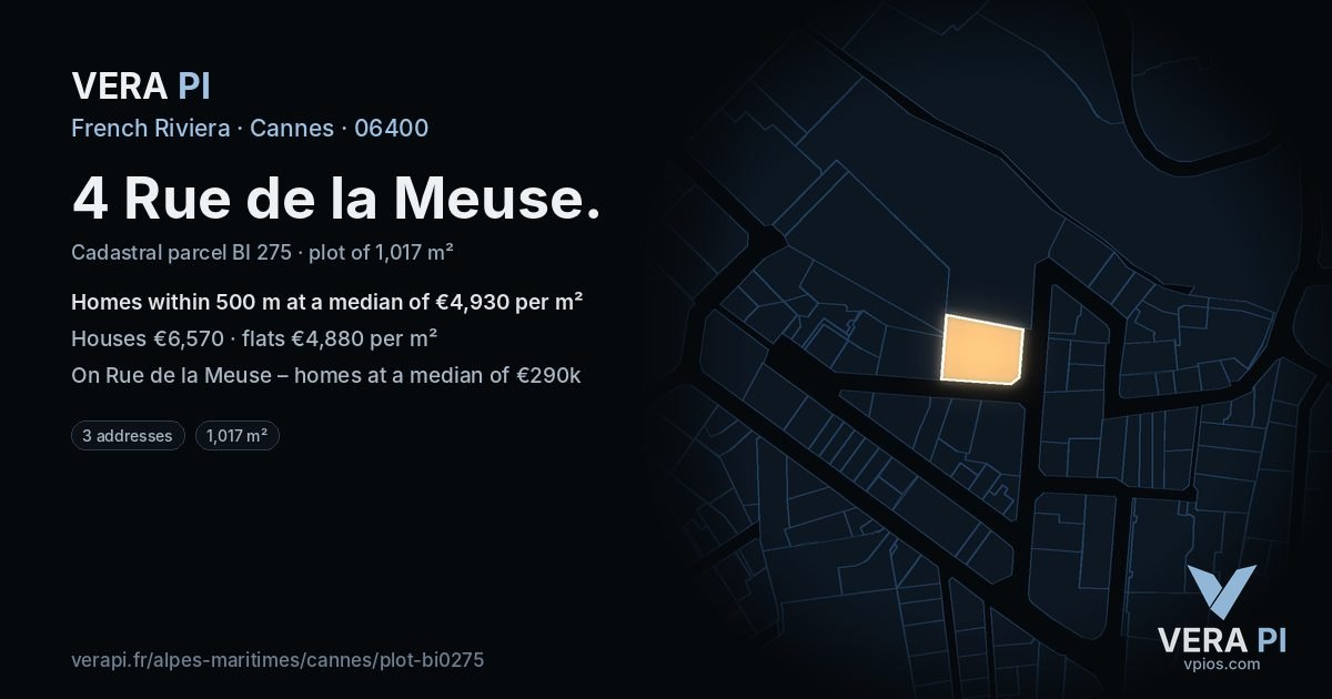 4 Rue de la Meuse, Cannes at night – the plot lit, the parcels around coloured by the prices near them