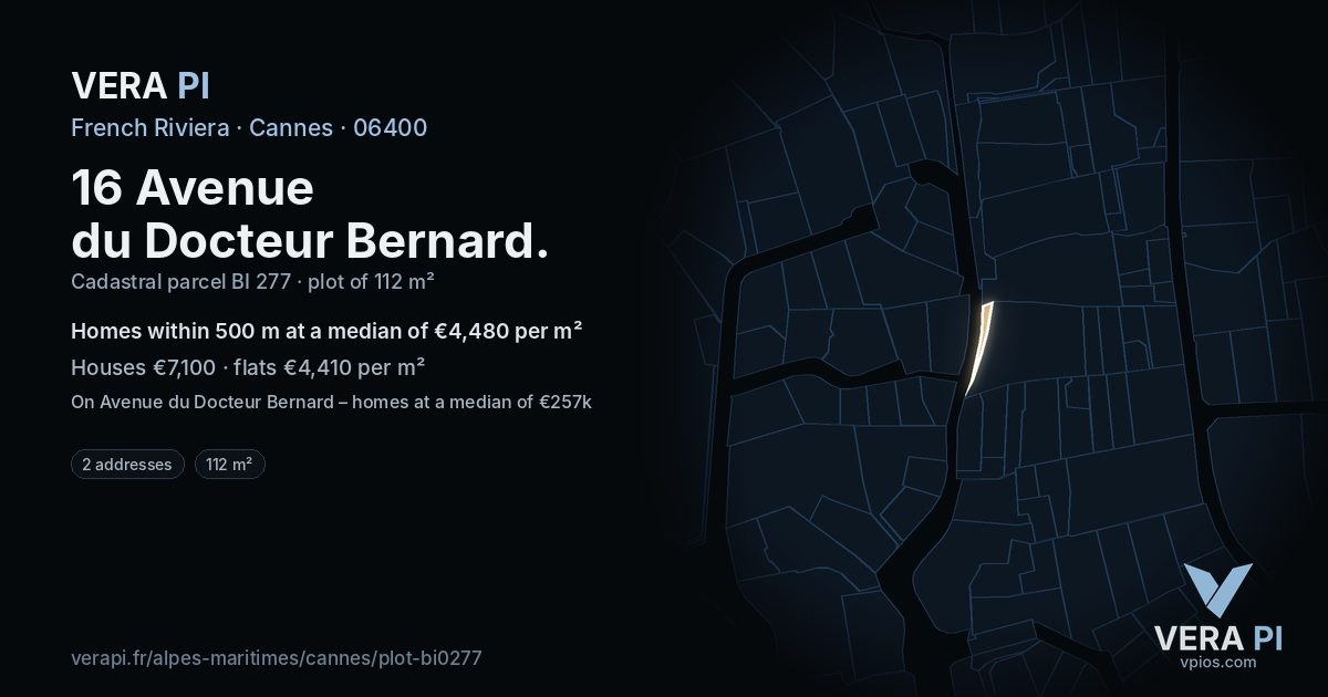 16 Avenue du Docteur Bernard, Cannes at night – the plot lit, the parcels around coloured by the prices near them