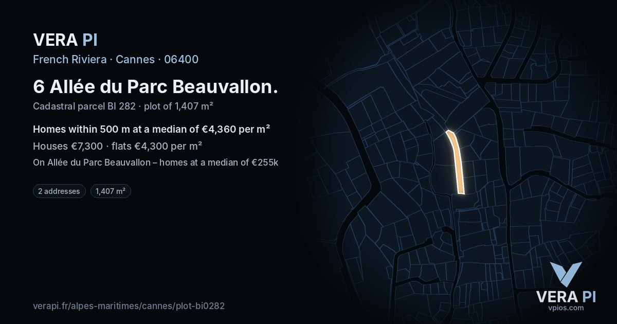 6 Allée du Parc Beauvallon, Cannes at night – the plot lit, the parcels around coloured by the prices near them