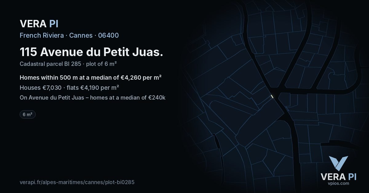 115 Avenue du Petit Juas, Cannes at night – the plot lit, the parcels around coloured by the prices near them
