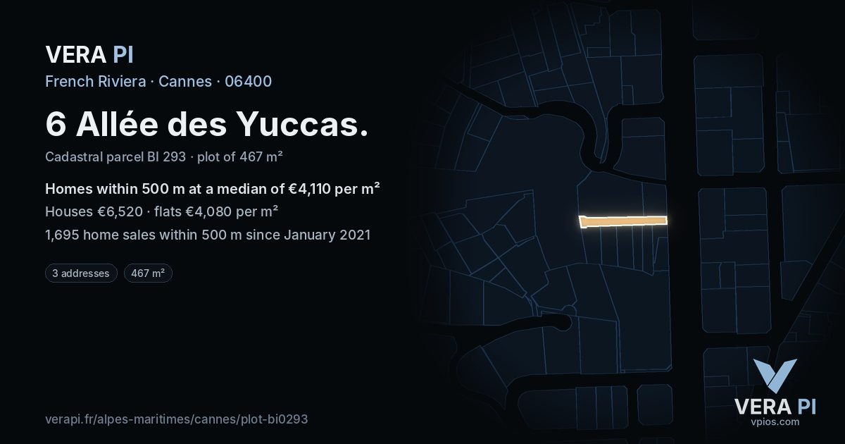 6 Allée des Yuccas, Cannes at night – the plot lit, the parcels around coloured by the prices near them