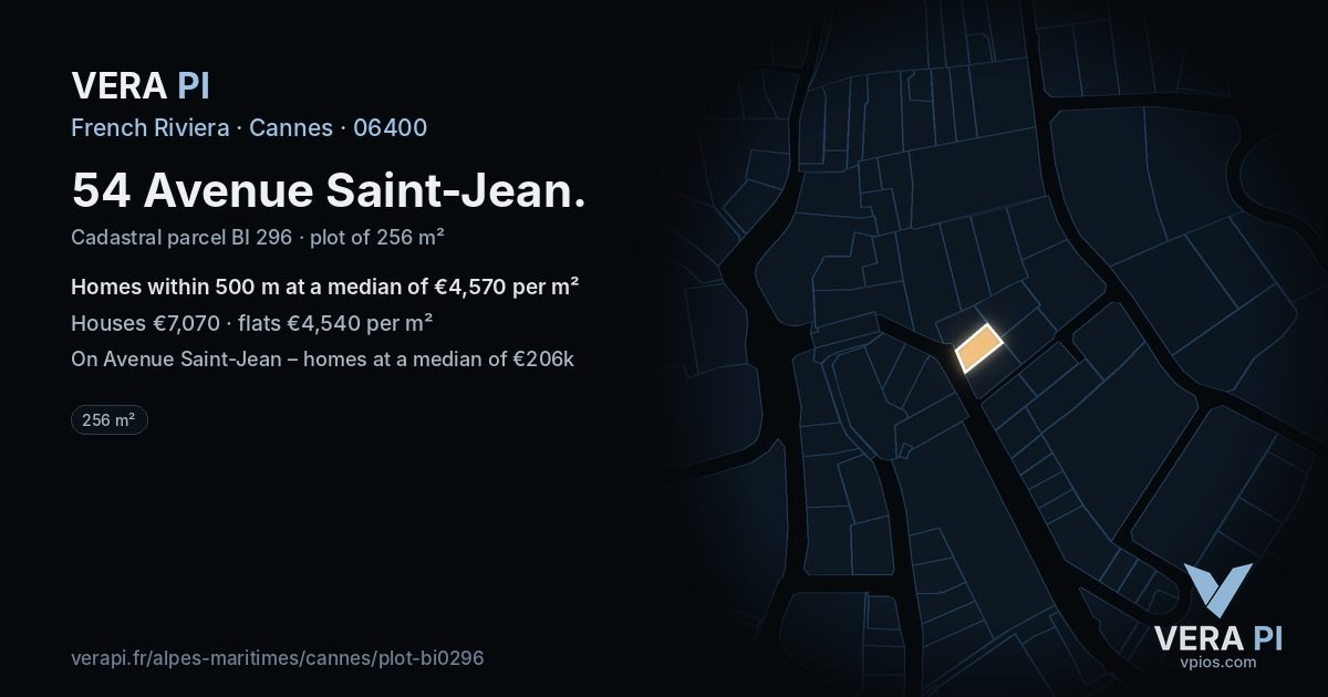 54 Avenue Saint-Jean, Cannes at night – the plot lit, the parcels around coloured by the prices near them