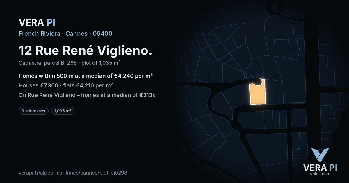 12 Rue René Viglieno, Cannes at night – the plot lit, the parcels around coloured by the prices near them