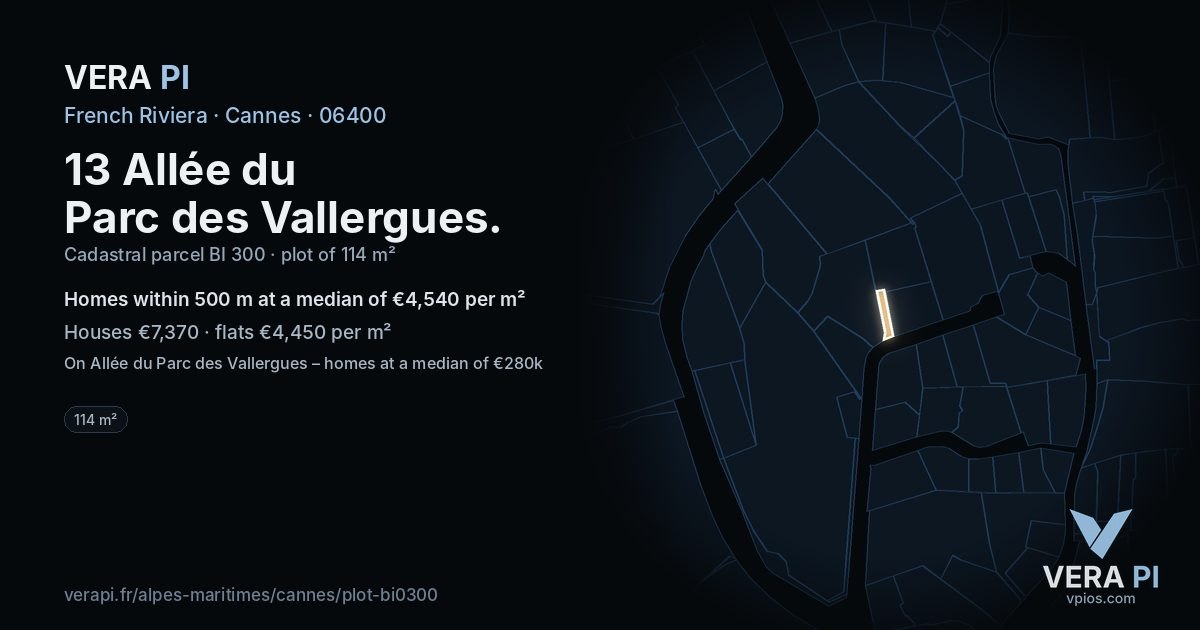 13 Allée du Parc des Vallergues, Cannes at night – the plot lit, the parcels around coloured by the prices near them