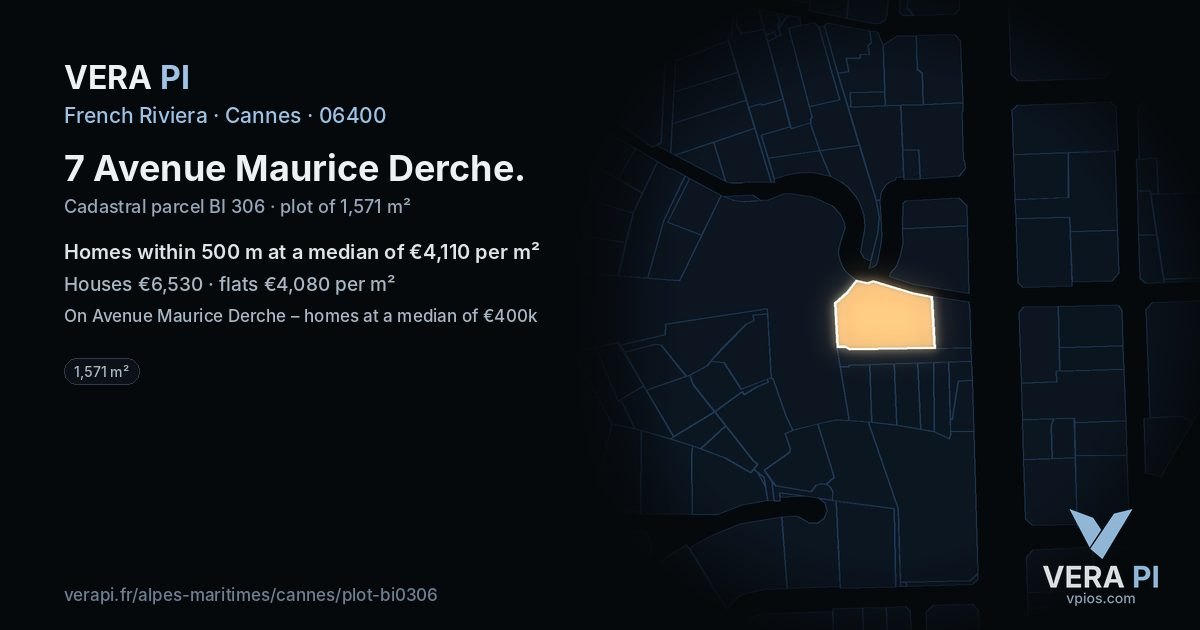 7 Avenue Maurice Derche, Cannes at night – the plot lit, the parcels around coloured by the prices near them