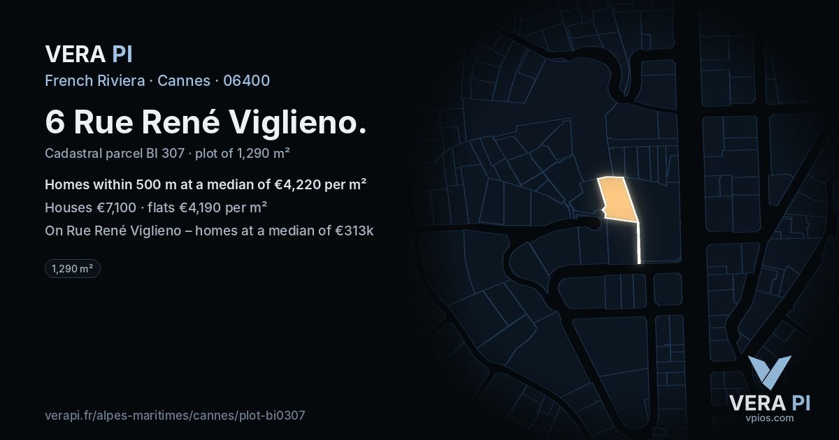 6 Rue René Viglieno, Cannes at night – the plot lit, the parcels around coloured by the prices near them