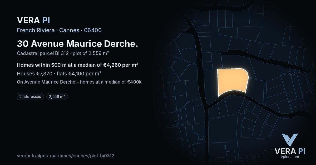 30 Avenue Maurice Derche, Cannes at night – the plot lit, the parcels around coloured by the prices near them