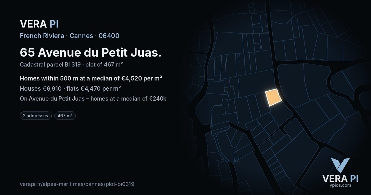65 Avenue du Petit Juas, Cannes at night – the plot lit, the parcels around coloured by the prices near them