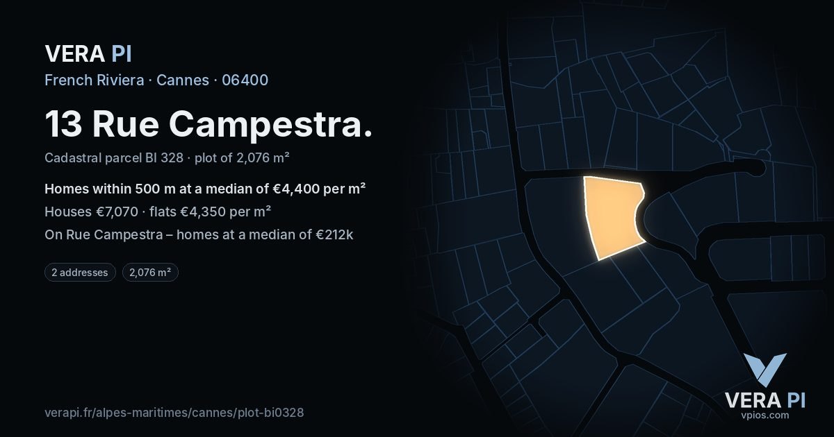 13 Rue Campestra, Cannes at night – the plot lit, the parcels around coloured by the prices near them