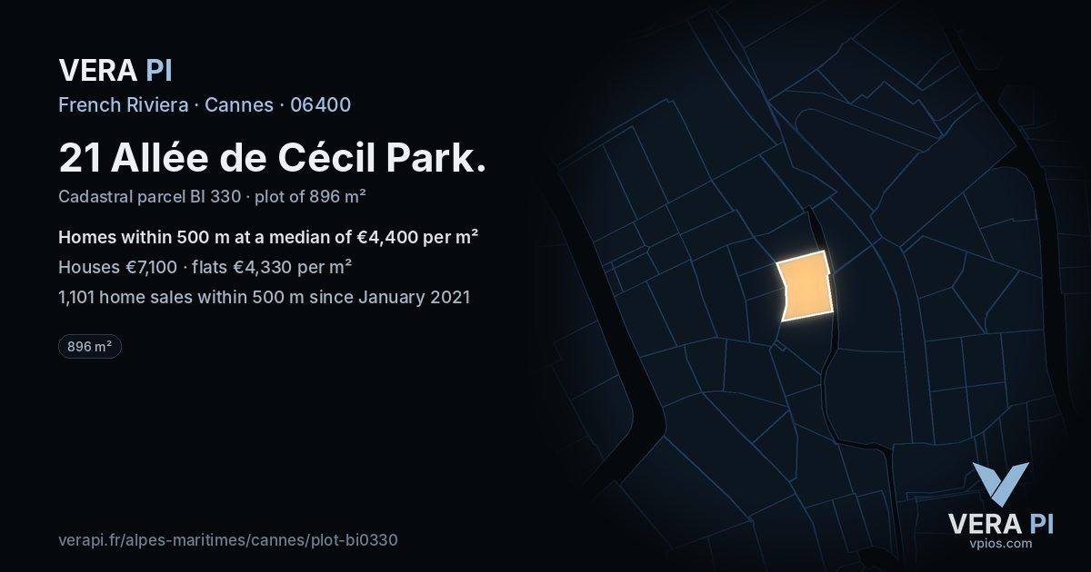 21 Allée de Cécil Park, Cannes at night – the plot lit, the parcels around coloured by the prices near them