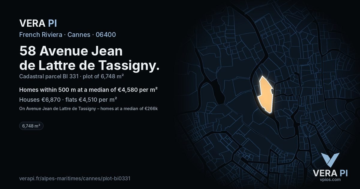 58 Avenue Jean de Lattre de Tassigny, Cannes at night – the plot lit, the parcels around coloured by the prices near them