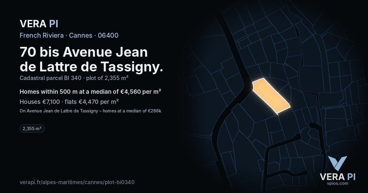70 bis Avenue Jean de Lattre de Tassigny, Cannes at night – the plot lit, the parcels around coloured by the prices near them
