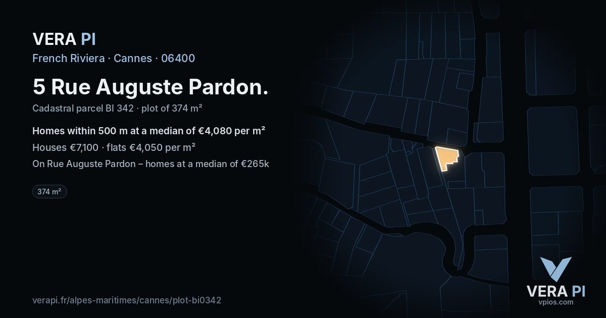 5 Rue Auguste Pardon, Cannes at night – the plot lit, the parcels around coloured by the prices near them