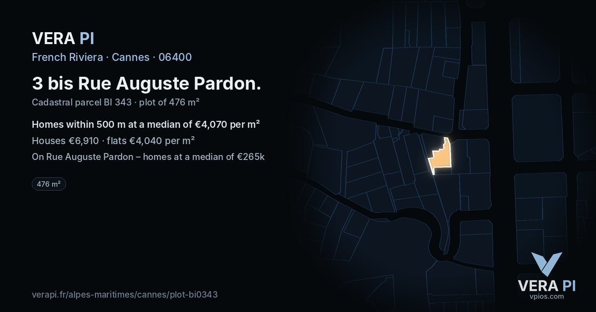 3 bis Rue Auguste Pardon, Cannes at night – the plot lit, the parcels around coloured by the prices near them