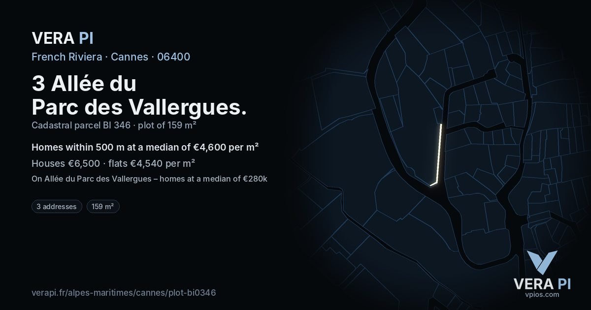 3 Allée du Parc des Vallergues, Cannes at night – the plot lit, the parcels around coloured by the prices near them