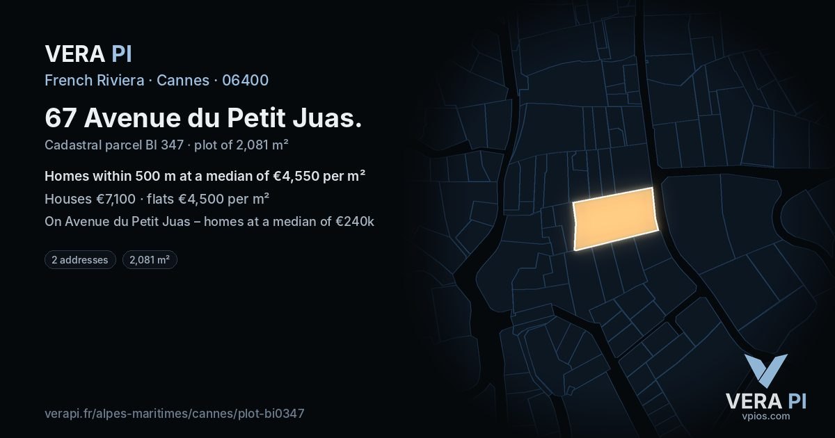 67 Avenue du Petit Juas, Cannes at night – the plot lit, the parcels around coloured by the prices near them