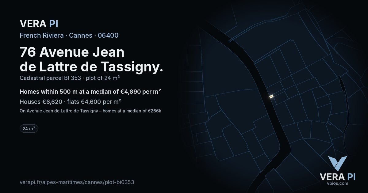 76 Avenue Jean de Lattre de Tassigny, Cannes at night – the plot lit, the parcels around coloured by the prices near them