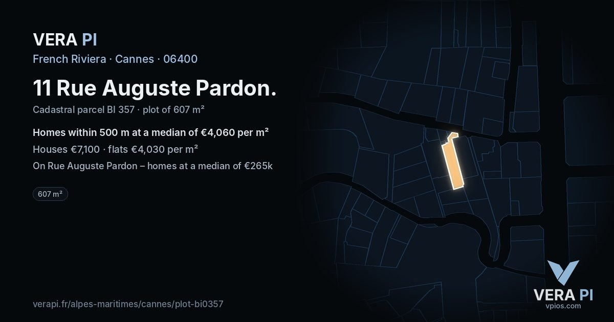 11 Rue Auguste Pardon, Cannes at night – the plot lit, the parcels around coloured by the prices near them
