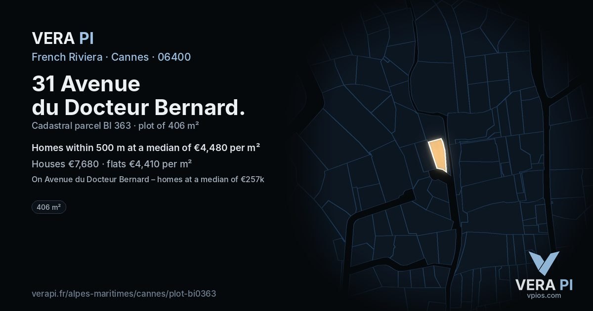 31 Avenue du Docteur Bernard, Cannes at night – the plot lit, the parcels around coloured by the prices near them