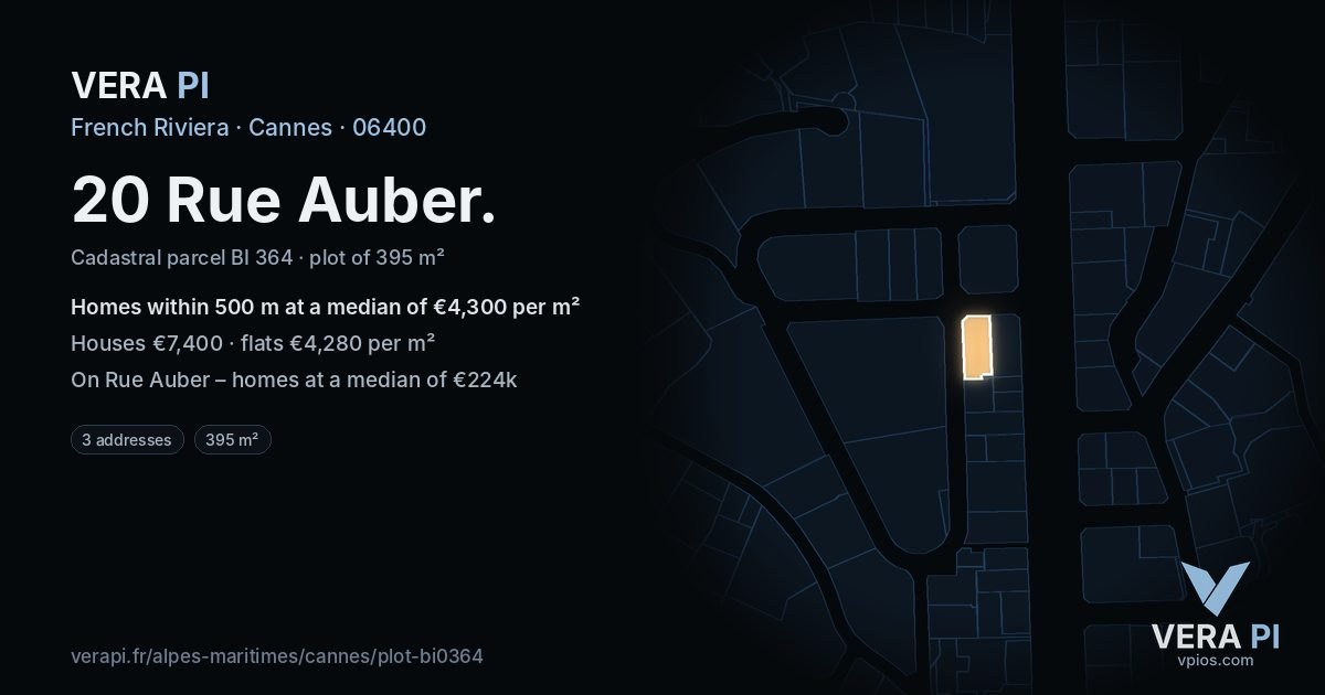 20 Rue Auber, Cannes at night – the plot lit, the parcels around coloured by the prices near them