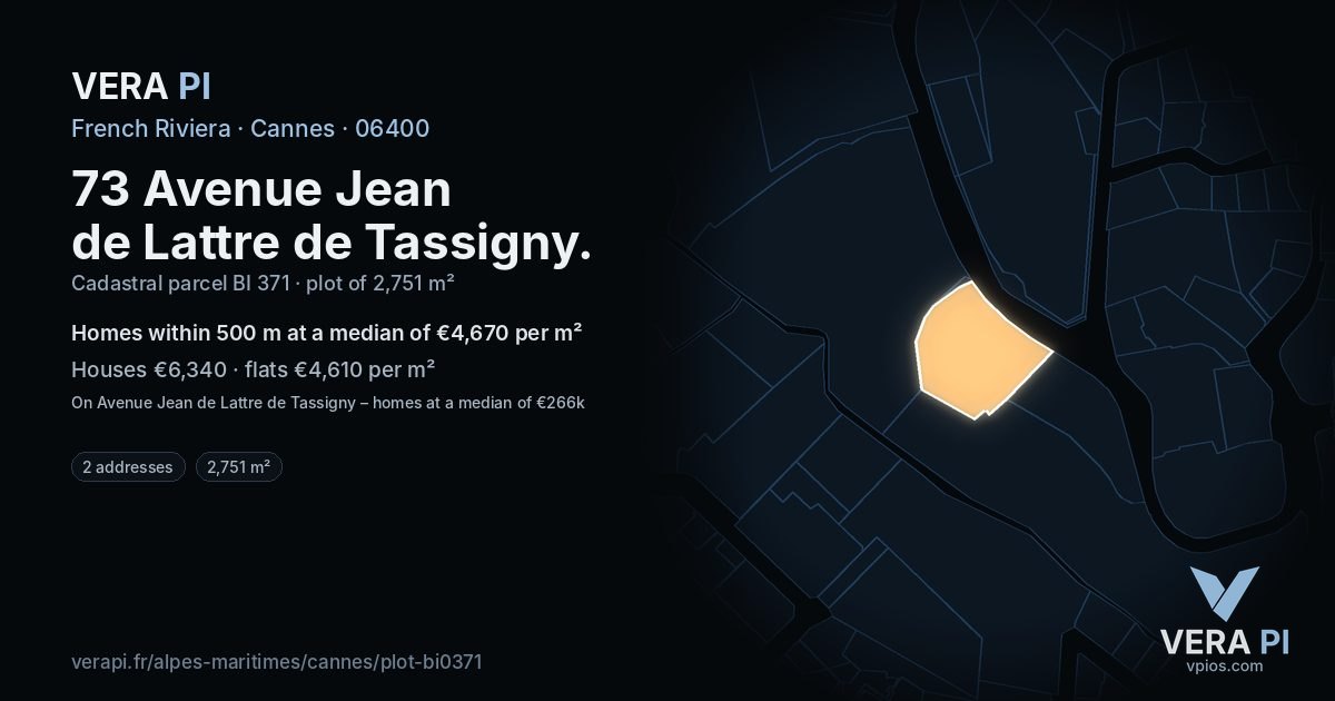 73 Avenue Jean de Lattre de Tassigny, Cannes at night – the plot lit, the parcels around coloured by the prices near them