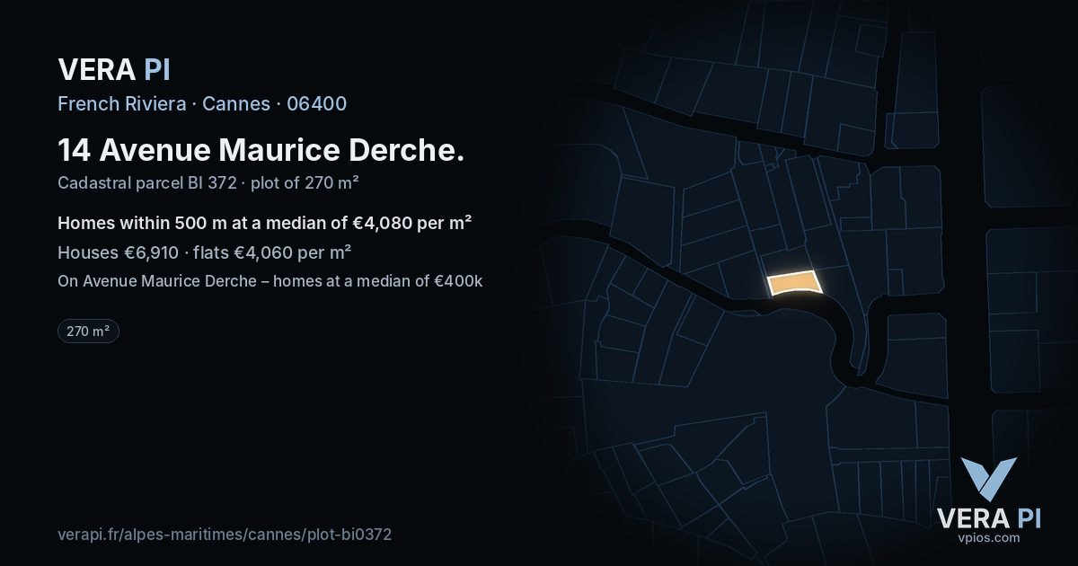 14 Avenue Maurice Derche, Cannes at night – the plot lit, the parcels around coloured by the prices near them