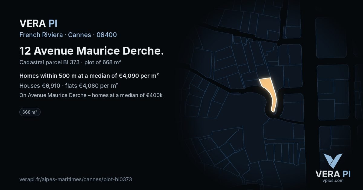 12 Avenue Maurice Derche, Cannes at night – the plot lit, the parcels around coloured by the prices near them
