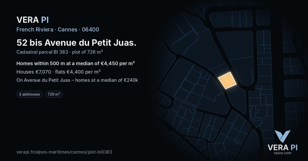 52 bis Avenue du Petit Juas, Cannes at night – the plot lit, the parcels around coloured by the prices near them