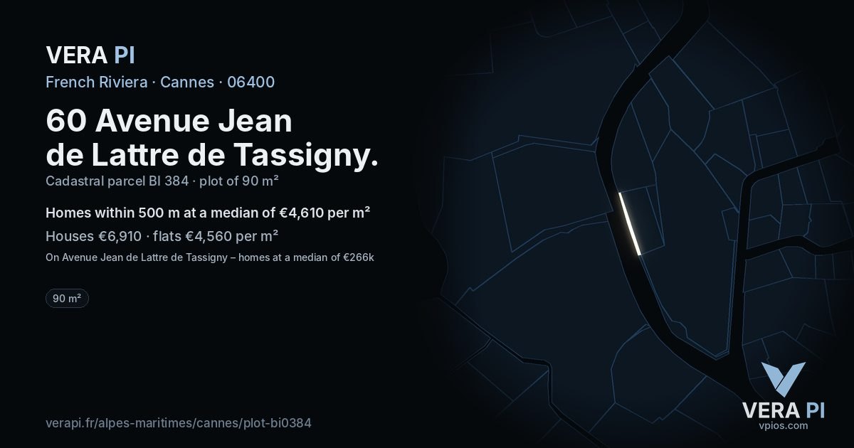 60 Avenue Jean de Lattre de Tassigny, Cannes at night – the plot lit, the parcels around coloured by the prices near them