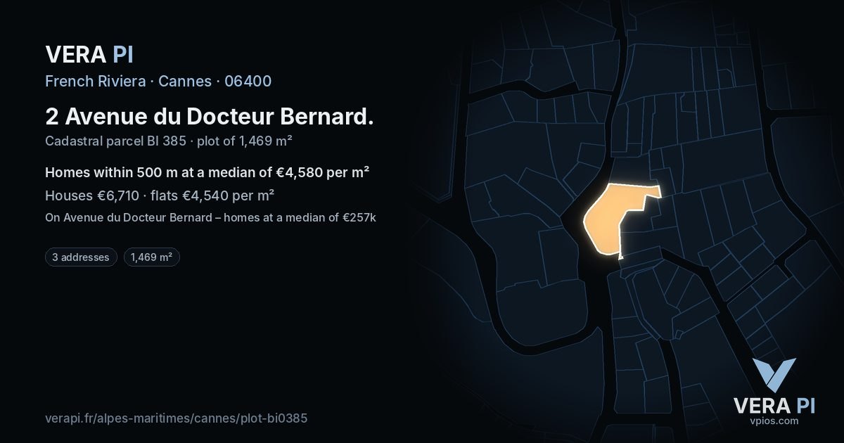 2 Avenue du Docteur Bernard, Cannes at night – the plot lit, the parcels around coloured by the prices near them