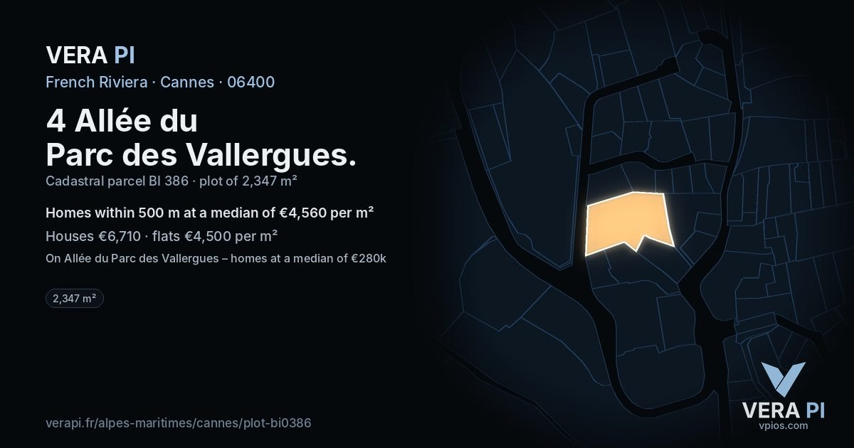 4 Allée du Parc des Vallergues, Cannes at night – the plot lit, the parcels around coloured by the prices near them