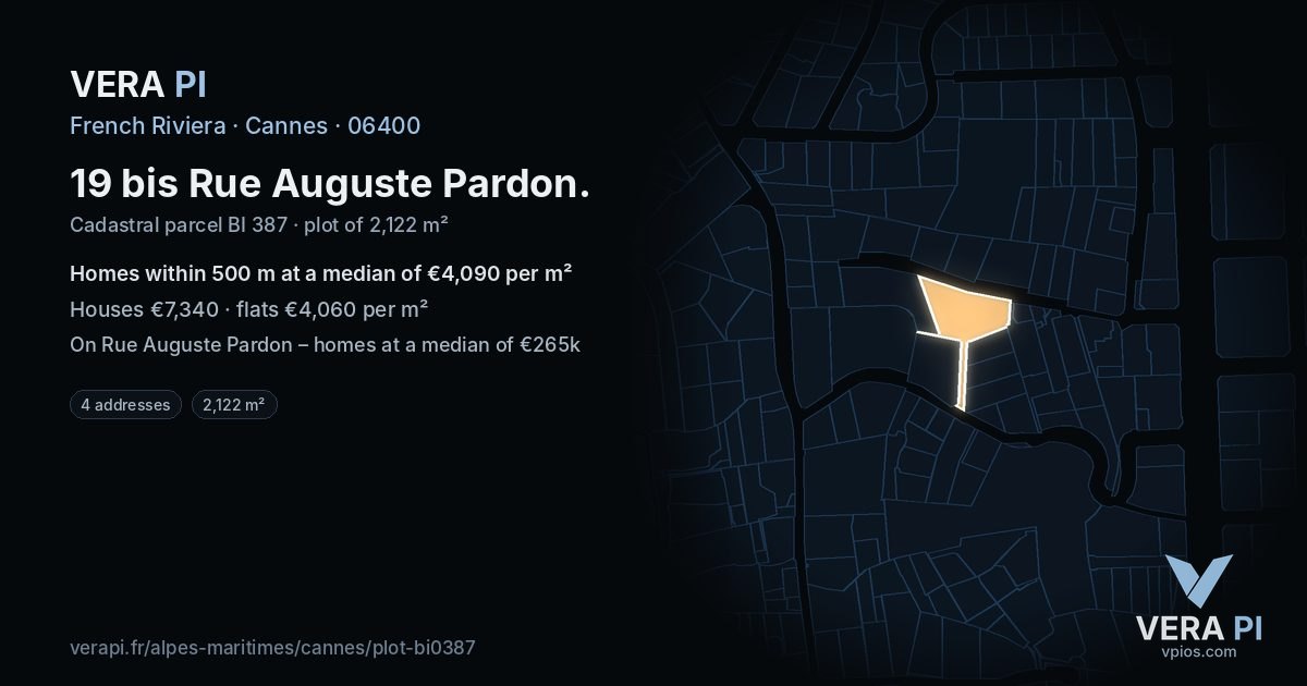 19 bis Rue Auguste Pardon, Cannes at night – the plot lit, the parcels around coloured by the prices near them