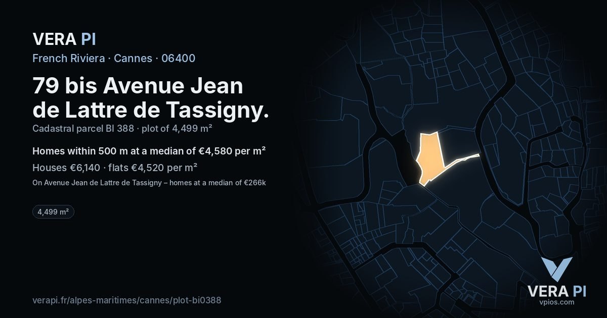 79 bis Avenue Jean de Lattre de Tassigny, Cannes at night – the plot lit, the parcels around coloured by the prices near them