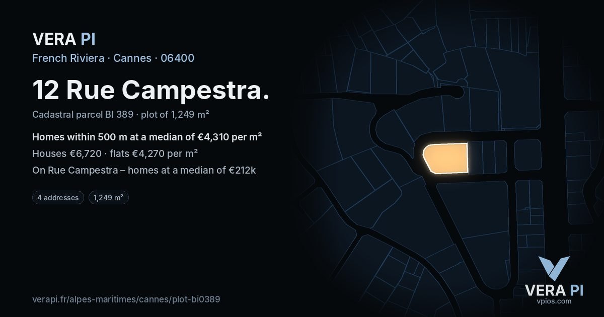 12 Rue Campestra, Cannes at night – the plot lit, the parcels around coloured by the prices near them