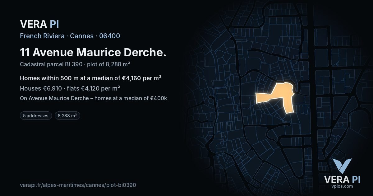 11 Avenue Maurice Derche, Cannes at night – the plot lit, the parcels around coloured by the prices near them