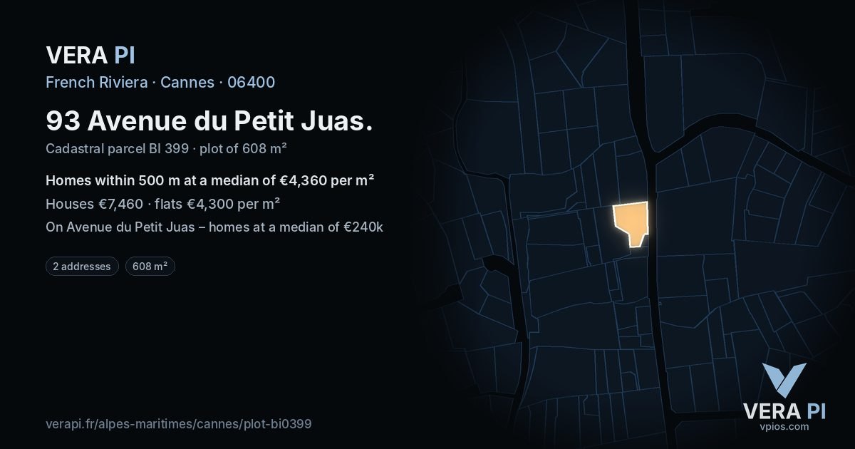 93 Avenue du Petit Juas, Cannes at night – the plot lit, the parcels around coloured by the prices near them