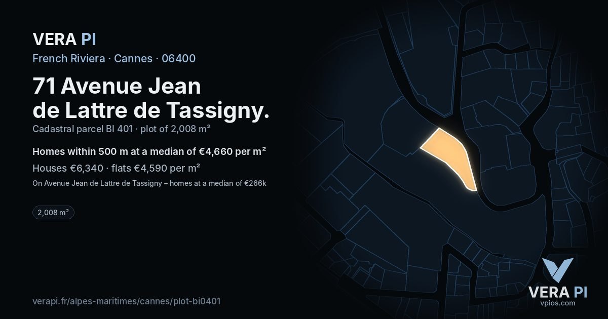 71 Avenue Jean de Lattre de Tassigny, Cannes at night – the plot lit, the parcels around coloured by the prices near them