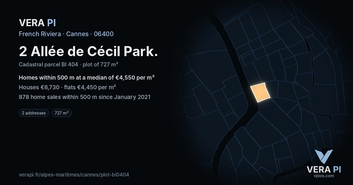 2 Allée de Cécil Park, Cannes at night – the plot lit, the parcels around coloured by the prices near them