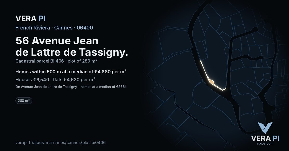 56 Avenue Jean de Lattre de Tassigny, Cannes at night – the plot lit, the parcels around coloured by the prices near them