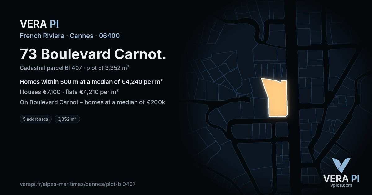 73 Boulevard Carnot, Cannes at night – the plot lit, the parcels around coloured by the prices near them