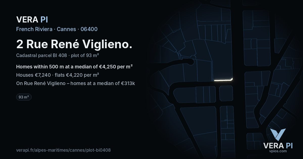 2 Rue René Viglieno, Cannes at night – the plot lit, the parcels around coloured by the prices near them