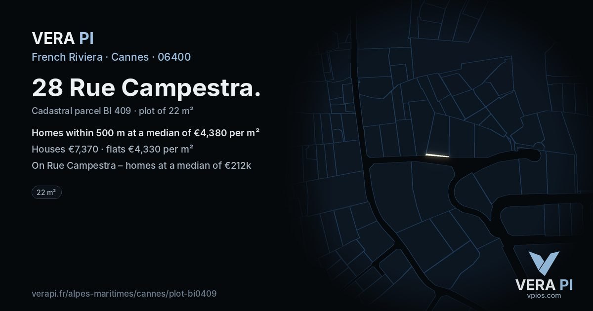28 Rue Campestra, Cannes at night – the plot lit, the parcels around coloured by the prices near them