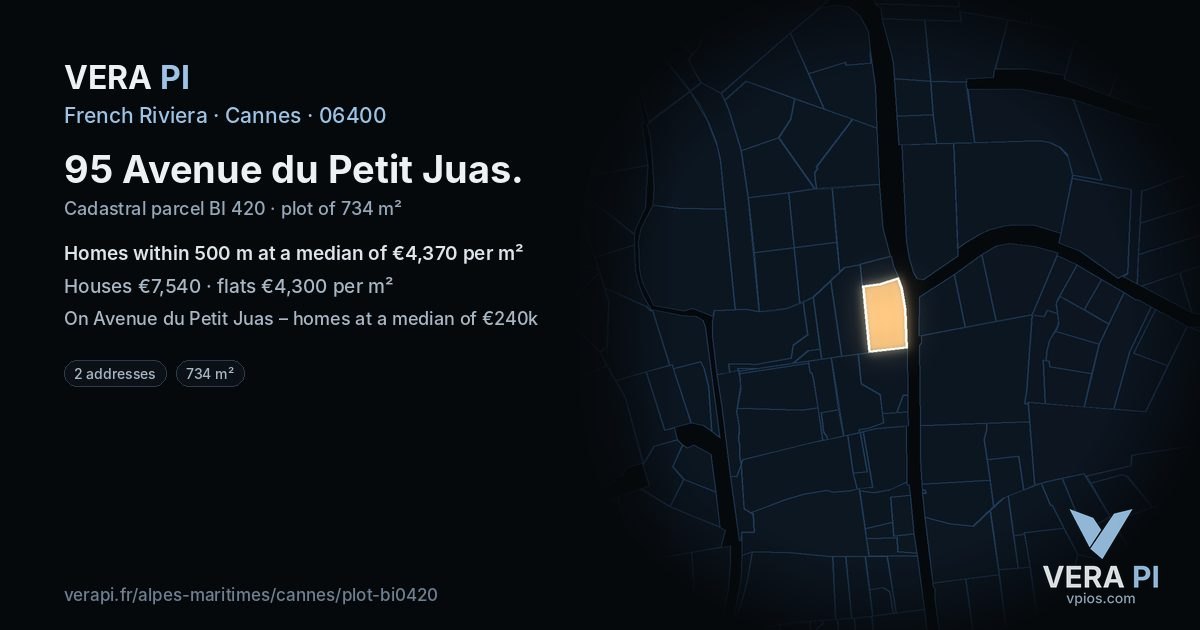 95 Avenue du Petit Juas, Cannes at night – the plot lit, the parcels around coloured by the prices near them
