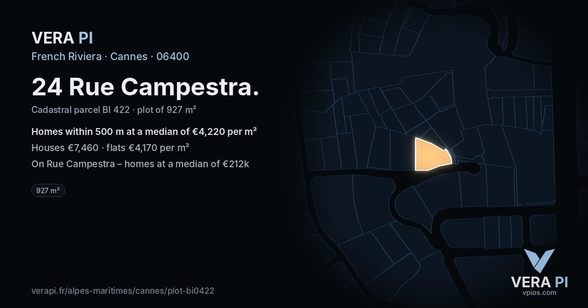 24 Rue Campestra, Cannes at night – the plot lit, the parcels around coloured by the prices near them