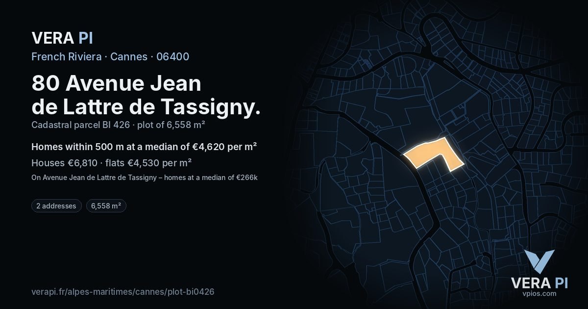 80 Avenue Jean de Lattre de Tassigny, Cannes at night – the plot lit, the parcels around coloured by the prices near them