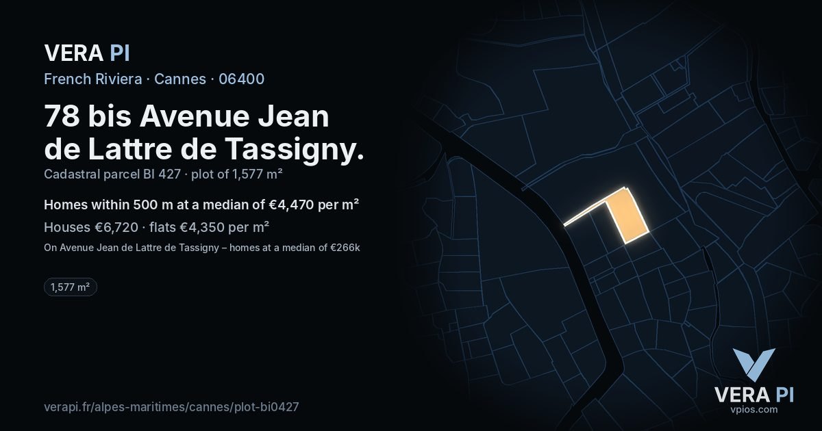 78 bis Avenue Jean de Lattre de Tassigny, Cannes at night – the plot lit, the parcels around coloured by the prices near them
