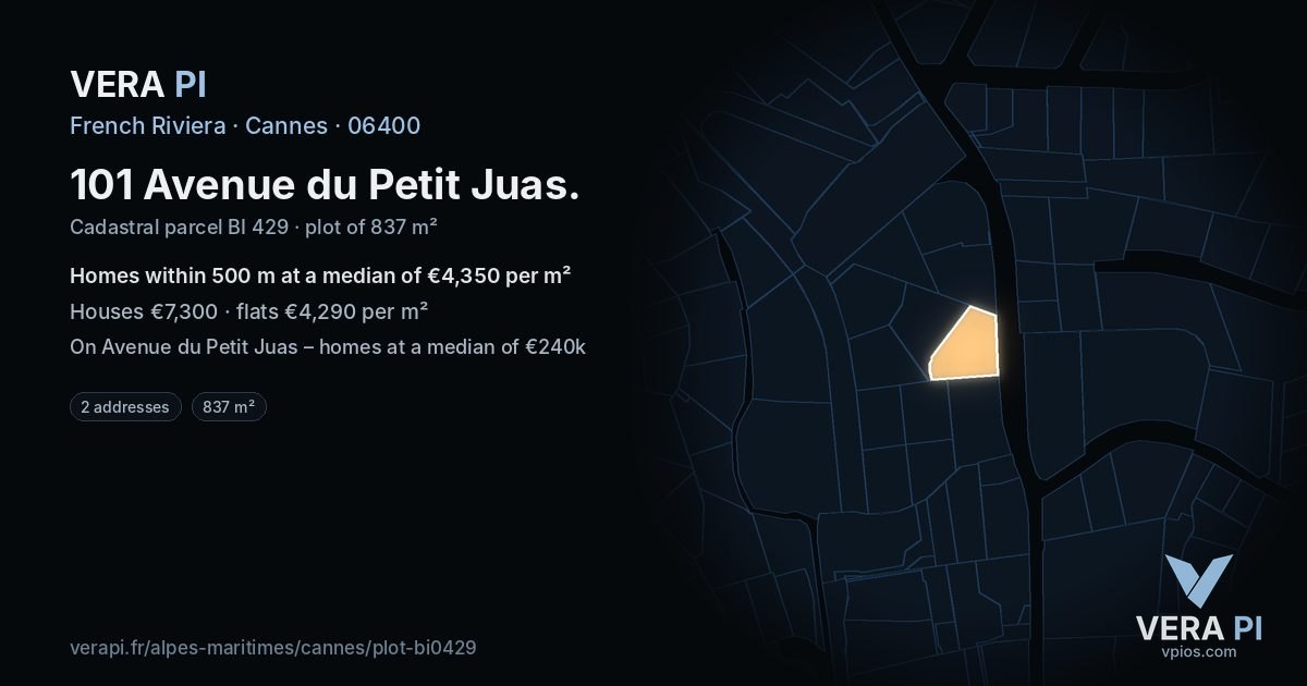 101 Avenue du Petit Juas, Cannes at night – the plot lit, the parcels around coloured by the prices near them