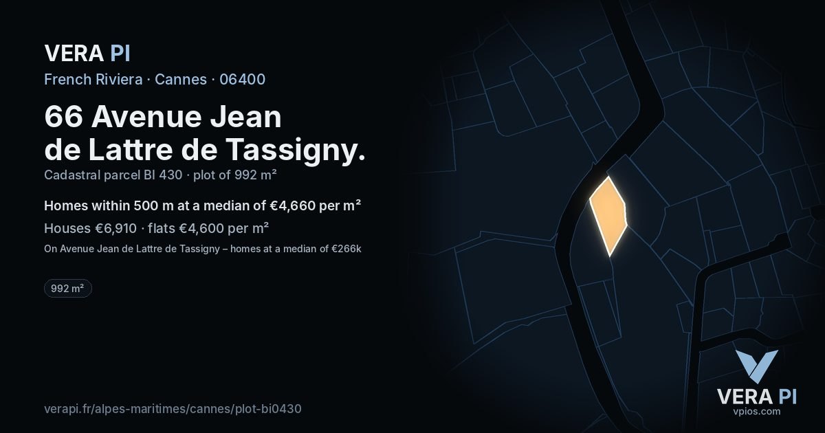 66 Avenue Jean de Lattre de Tassigny, Cannes at night – the plot lit, the parcels around coloured by the prices near them